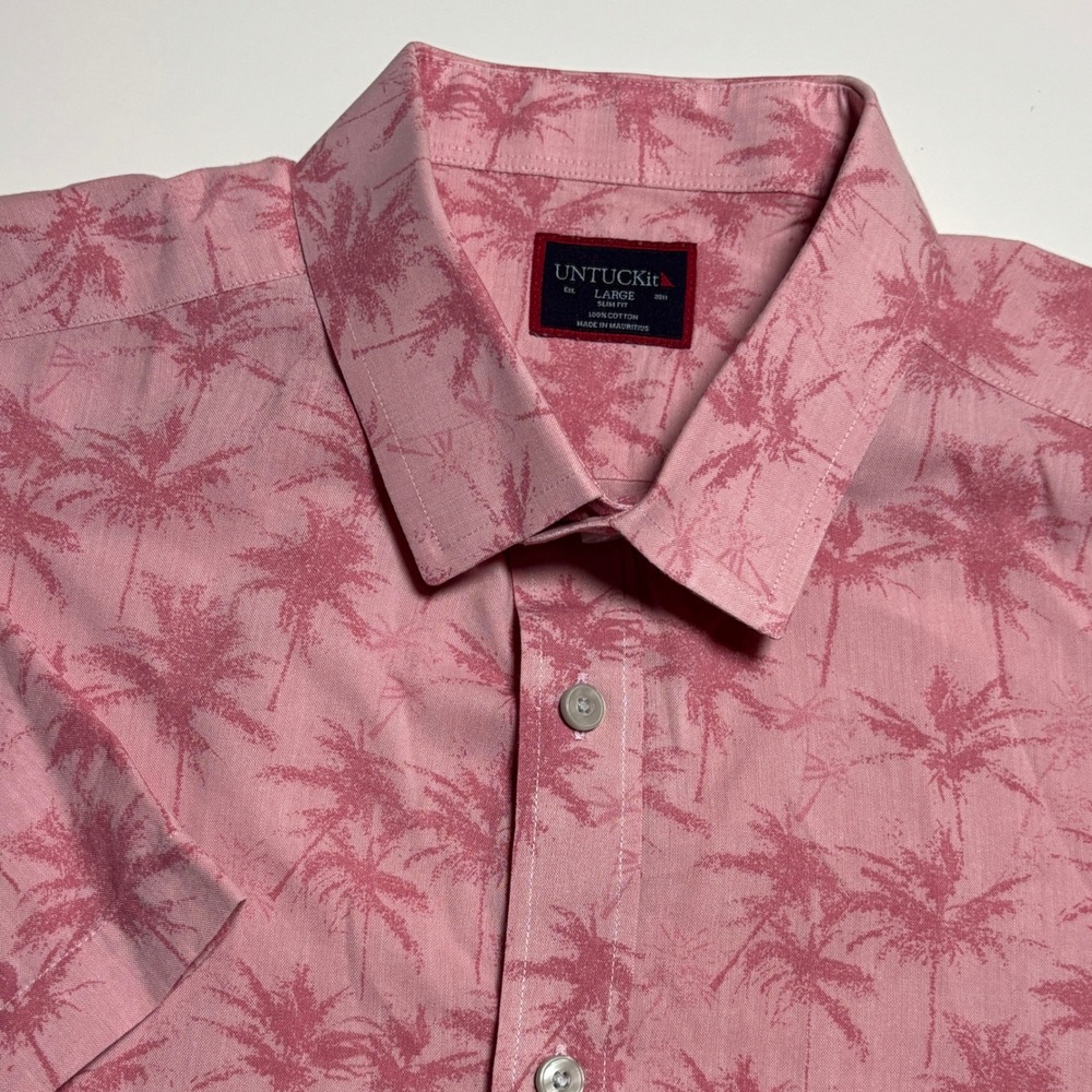 UNTUCKit Moldavia Slim Fit‎ Pink Palm Tree Mens L Short Sleeve Button Down Shirt